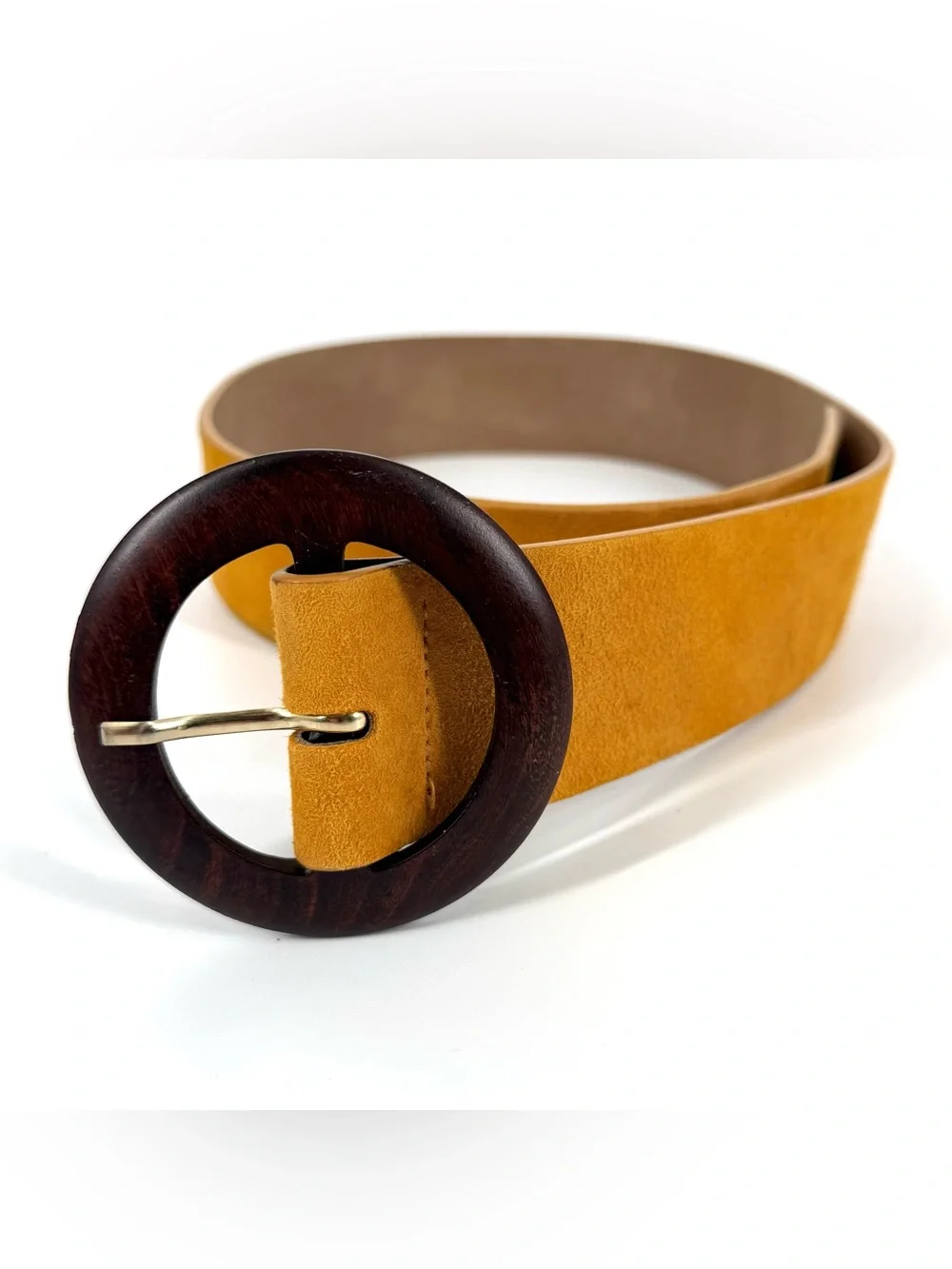 Sezane Yves Belt Mustard Yellow Suede Leather Wood Buckle 31.5in